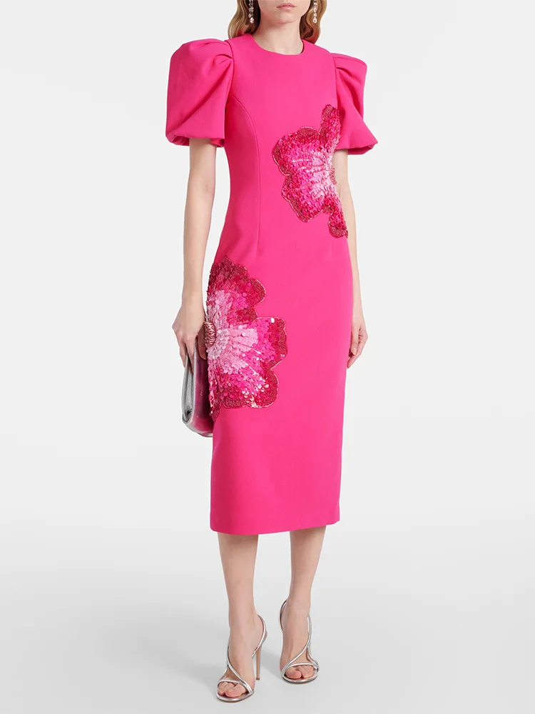 HIGH STREET Newest 2025 Designer Fashion Women's Beaded  Sequin Three-Dimensional Flower Short Sleeve Dress