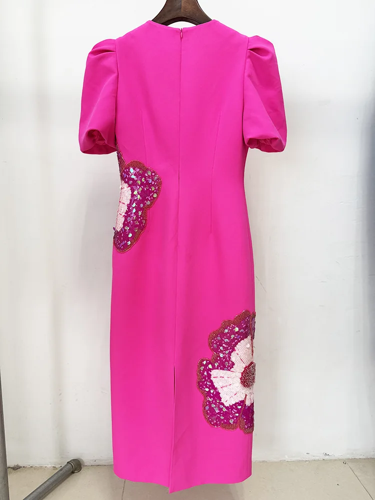 HIGH STREET Newest 2025 Designer Fashion Women's Beaded  Sequin Three-Dimensional Flower Short Sleeve Dress