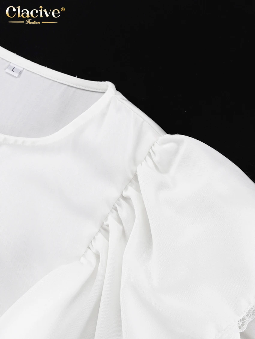 Clacive Fashion Loose White Cotton 2 Piece Sets Women Outfit 2023 Elegant Ruffle Long Sleeve Office Lady Girdle Mini Dress Set