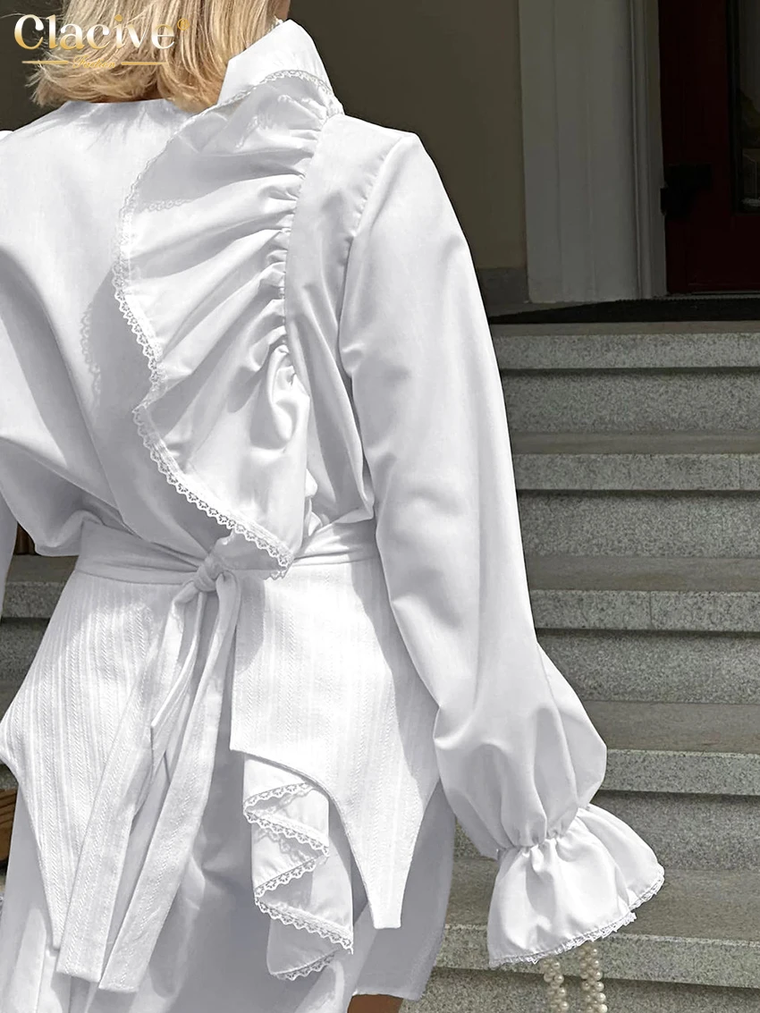 Clacive Fashion Loose White Cotton 2 Piece Sets Women Outfit 2023 Elegant Ruffle Long Sleeve Office Lady Girdle Mini Dress Set