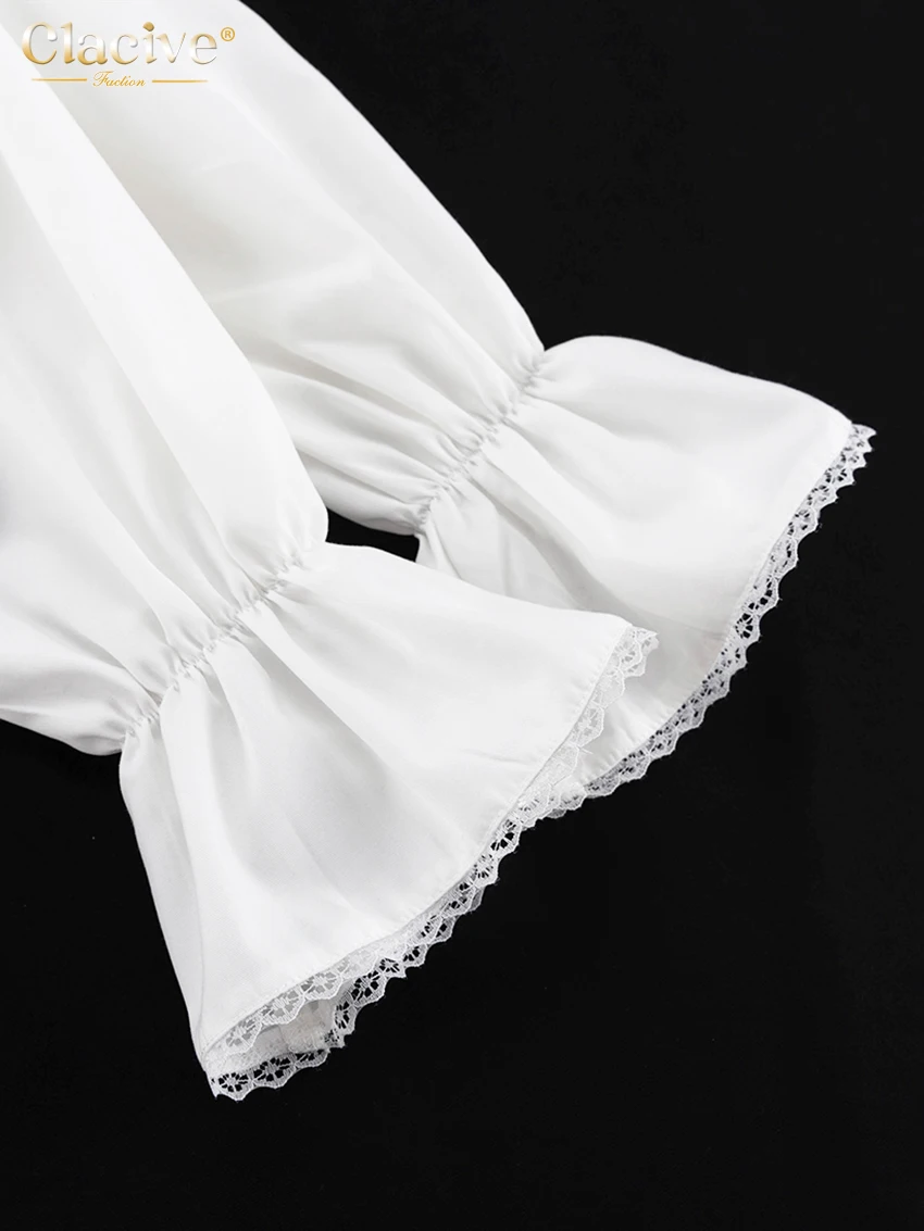 Clacive Fashion Loose White Cotton 2 Piece Sets Women Outfit 2023 Elegant Ruffle Long Sleeve Office Lady Girdle Mini Dress Set