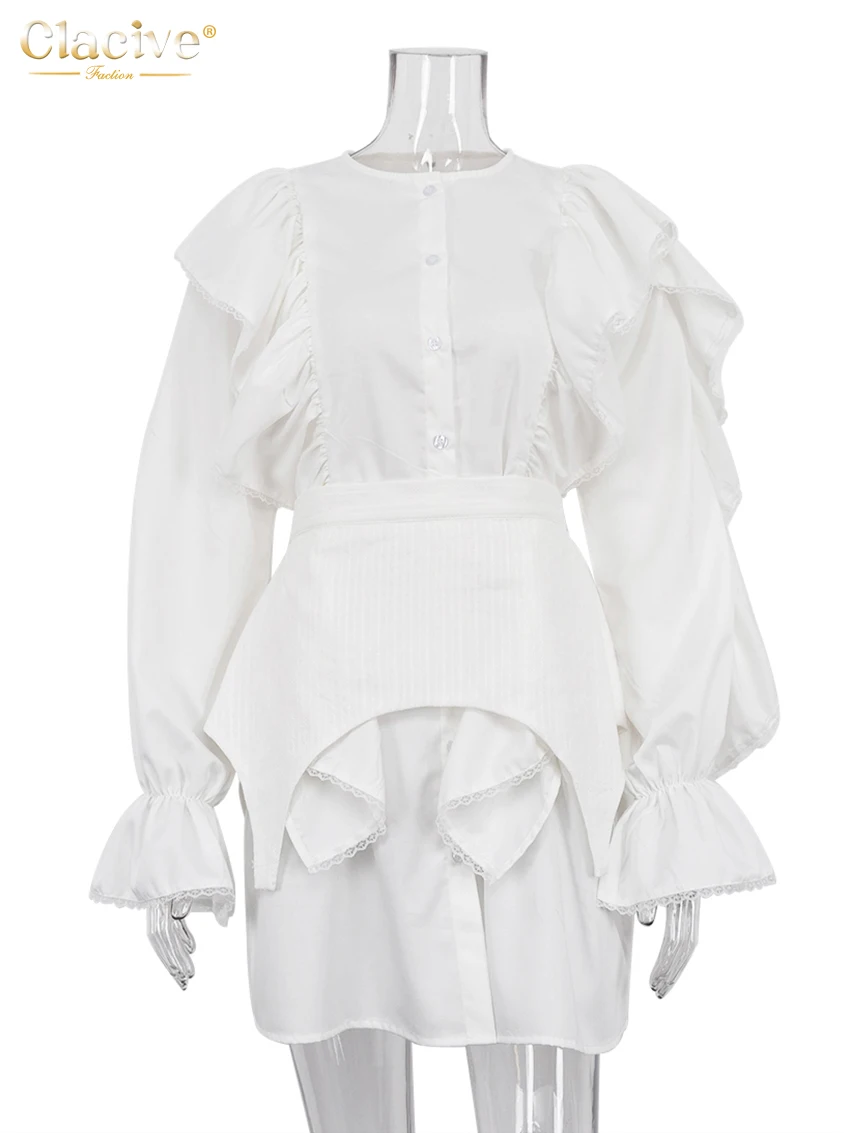 Clacive Fashion Loose White Cotton 2 Piece Sets Women Outfit 2023 Elegant Ruffle Long Sleeve Office Lady Girdle Mini Dress Set