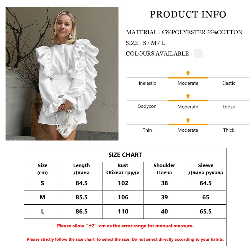 Clacive Fashion Loose White Cotton 2 Piece Sets Women Outfit 2023 Elegant Ruffle Long Sleeve Office Lady Girdle Mini Dress Set