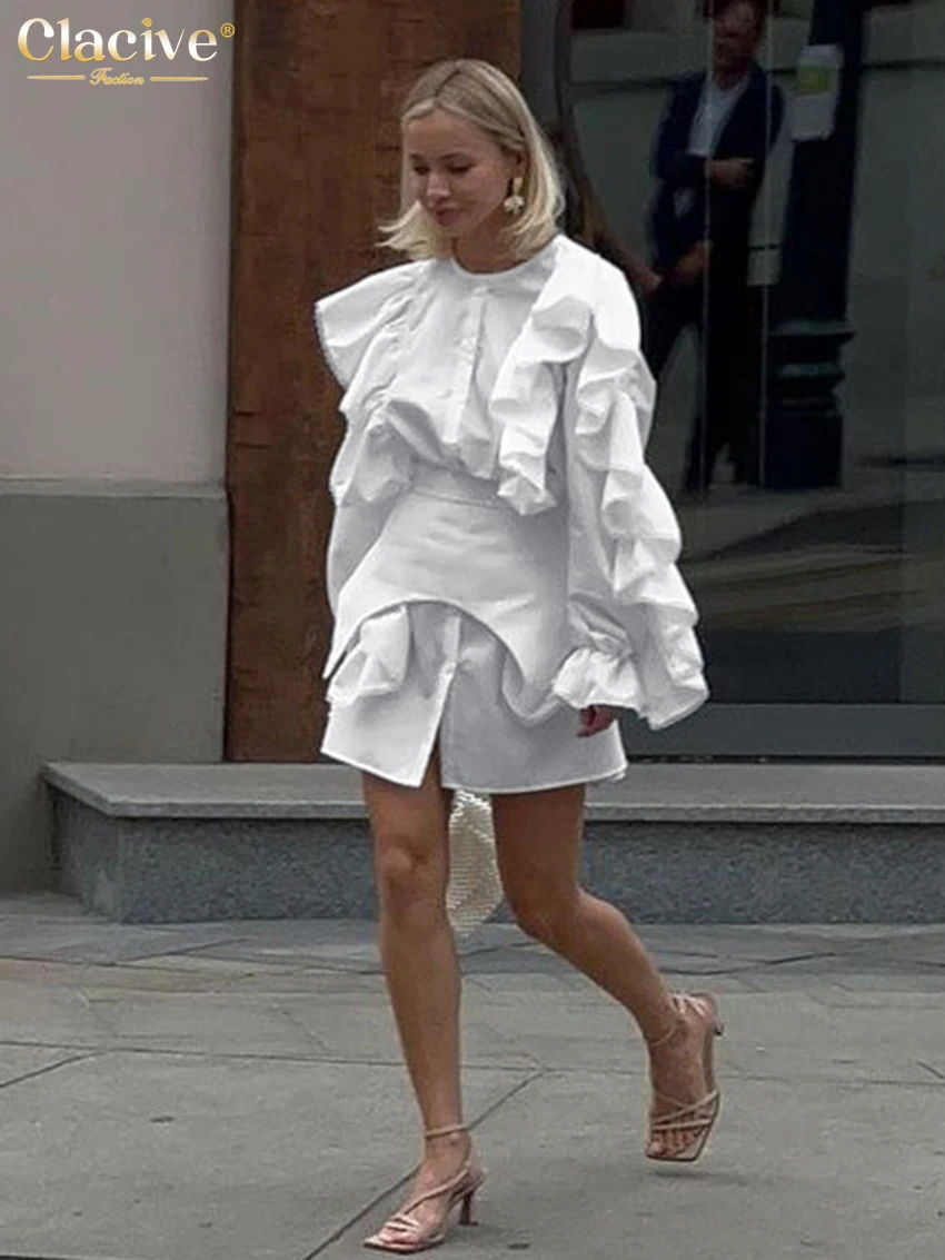 Clacive Fashion Loose White Cotton 2 Piece Sets Women Outfit 2023 Elegant Ruffle Long Sleeve Office Lady Girdle Mini Dress Set