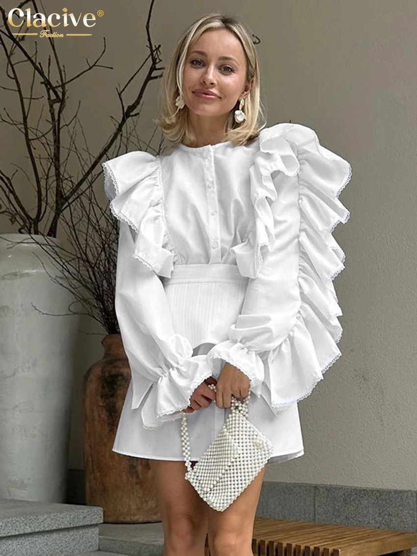 Clacive Fashion Loose White Cotton 2 Piece Sets Women Outfit 2023 Elegant Ruffle Long Sleeve Office Lady Girdle Mini Dress Set