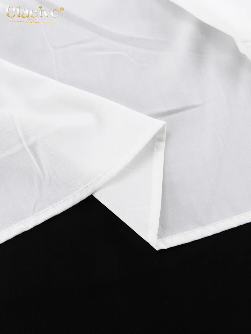 Clacive Fashion Loose White Cotton 2 Piece Sets Women Outfit 2023 Elegant Ruffle Long Sleeve Office Lady Girdle Mini Dress Set