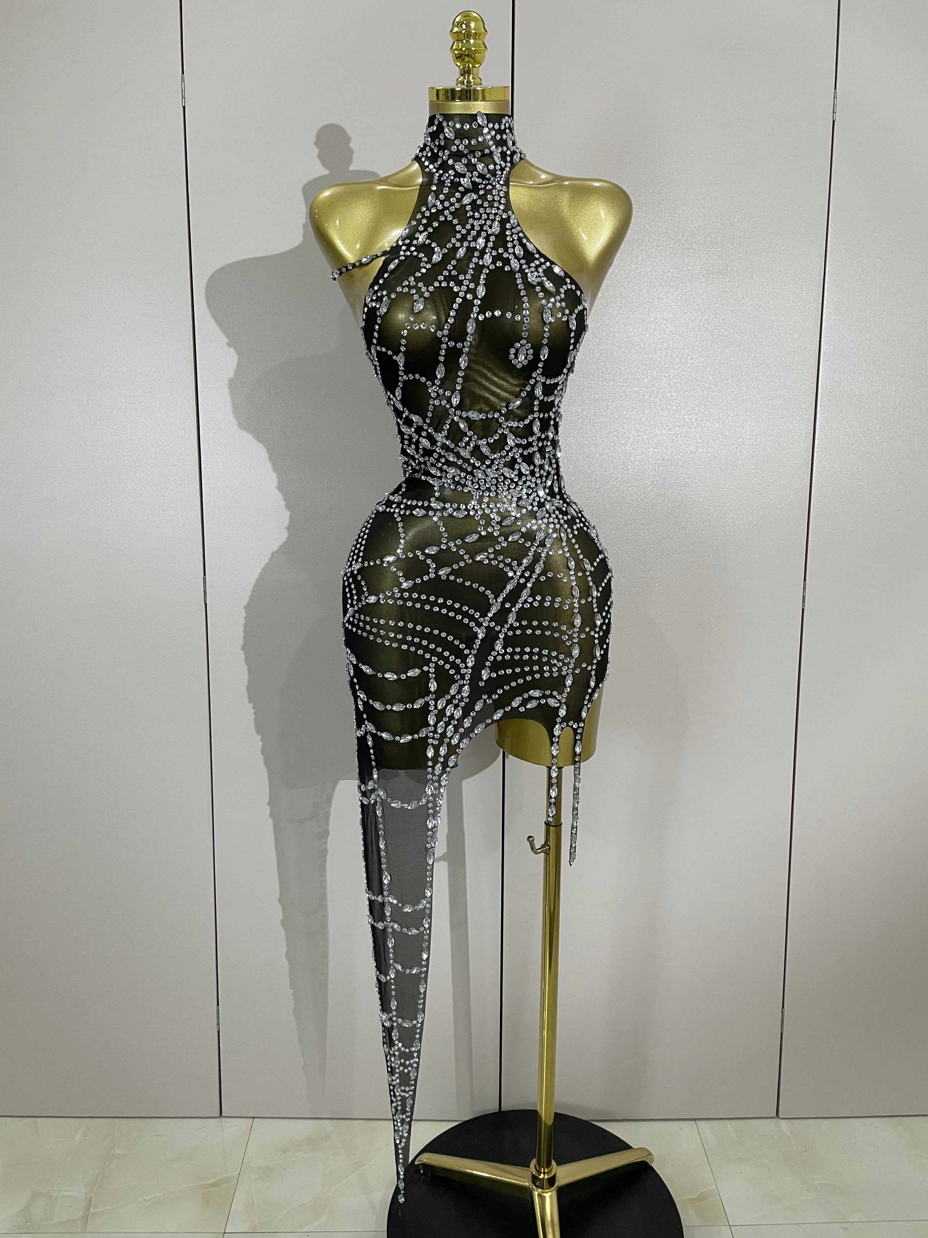 STOCK Sparkly Diamond Sexy Mesh Asymmetric Bodycon Mini Dress Women Nightclub Bar Party Show Gogo Dancer Clothing Stage Costume