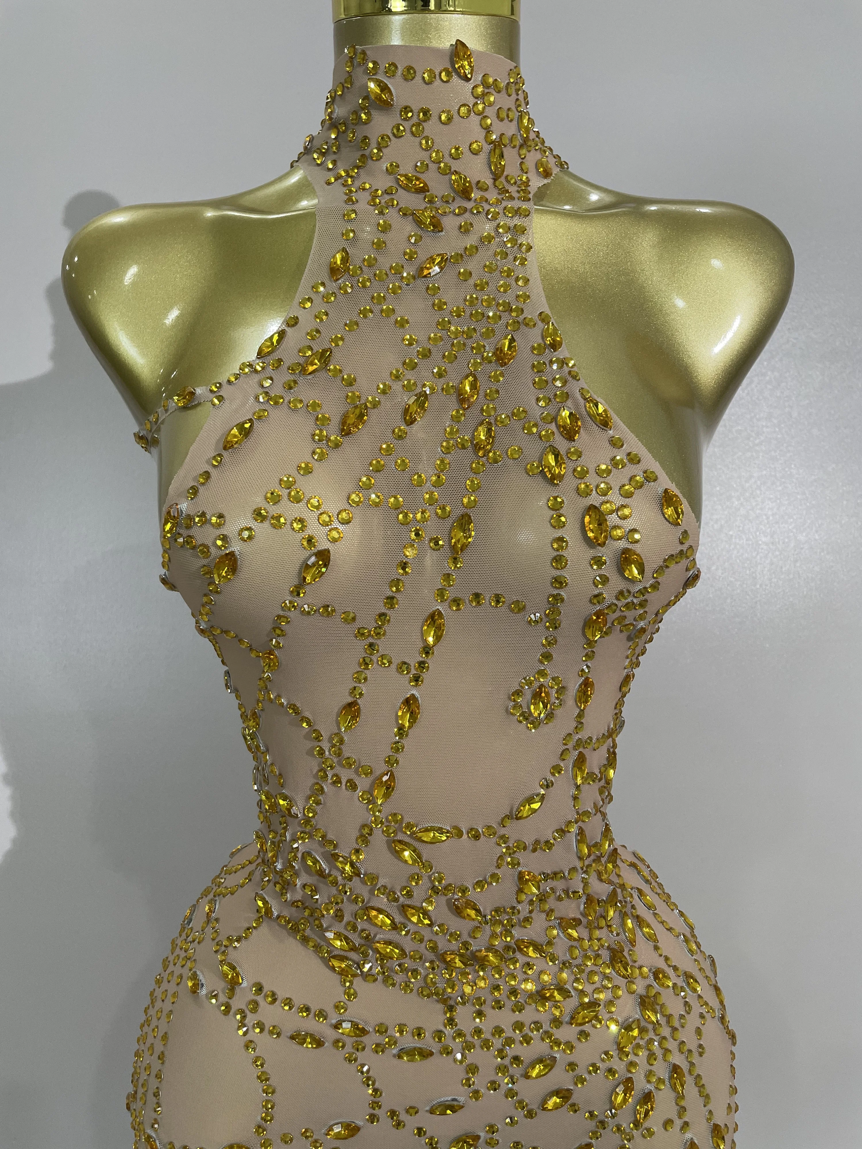 STOCK Sparkly Diamond Sexy Mesh Asymmetric Bodycon Mini Dress Women Nightclub Bar Party Show Gogo Dancer Clothing Stage Costume