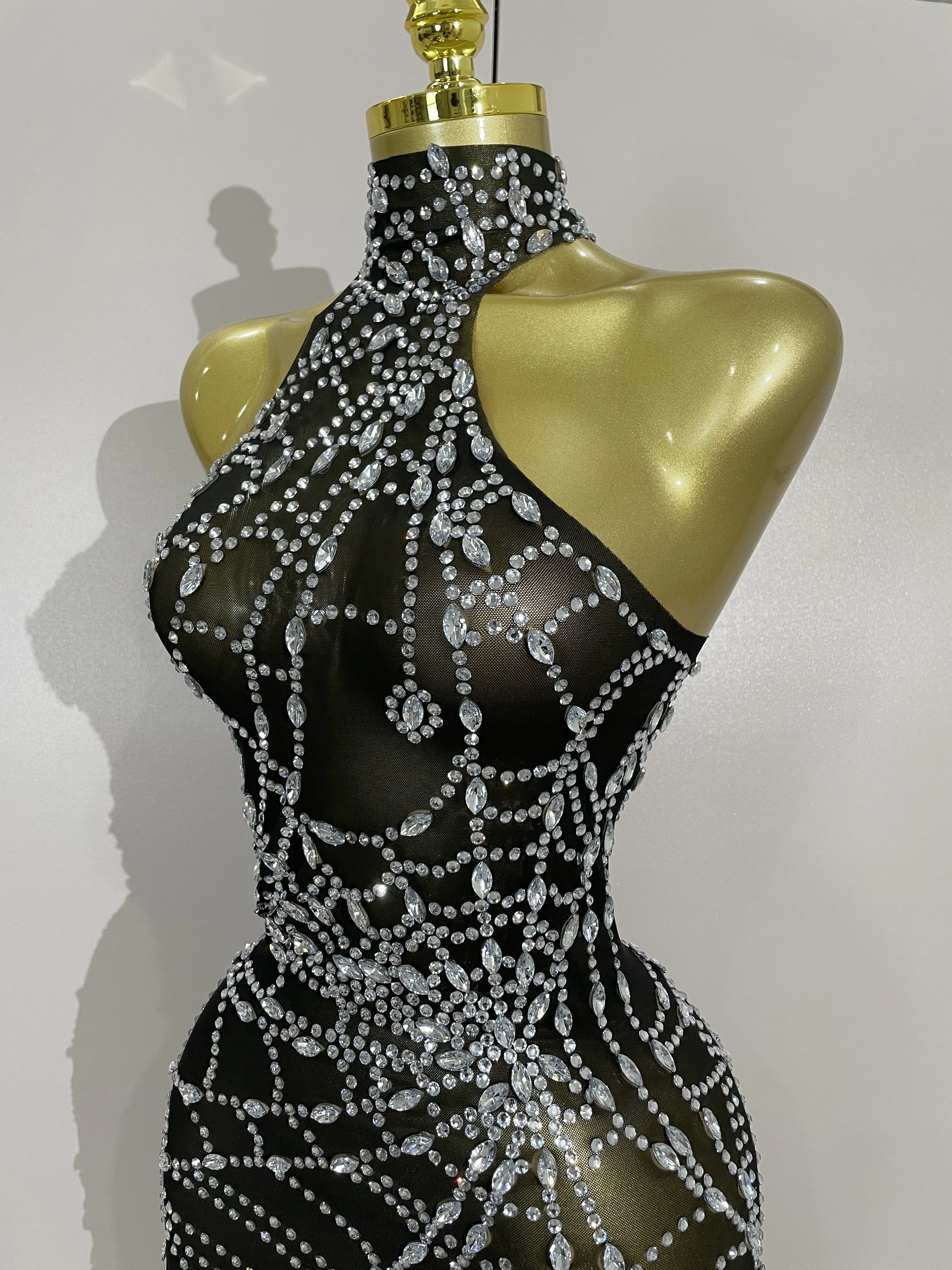 STOCK Sparkly Diamond Sexy Mesh Asymmetric Bodycon Mini Dress Women Nightclub Bar Party Show Gogo Dancer Clothing Stage Costume