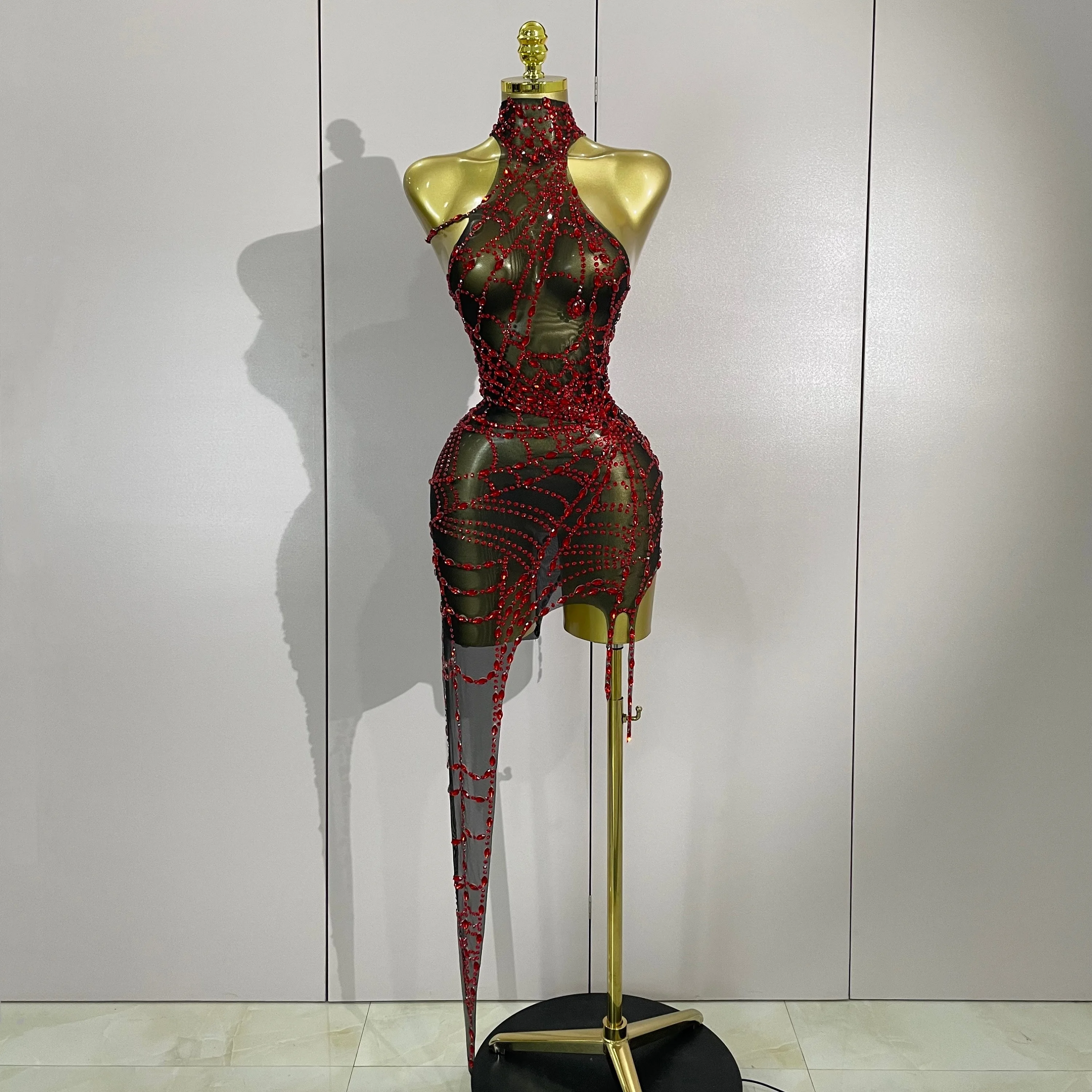 STOCK Sparkly Diamond Sexy Mesh Asymmetric Bodycon Mini Dress Women Nightclub Bar Party Show Gogo Dancer Clothing Stage Costume