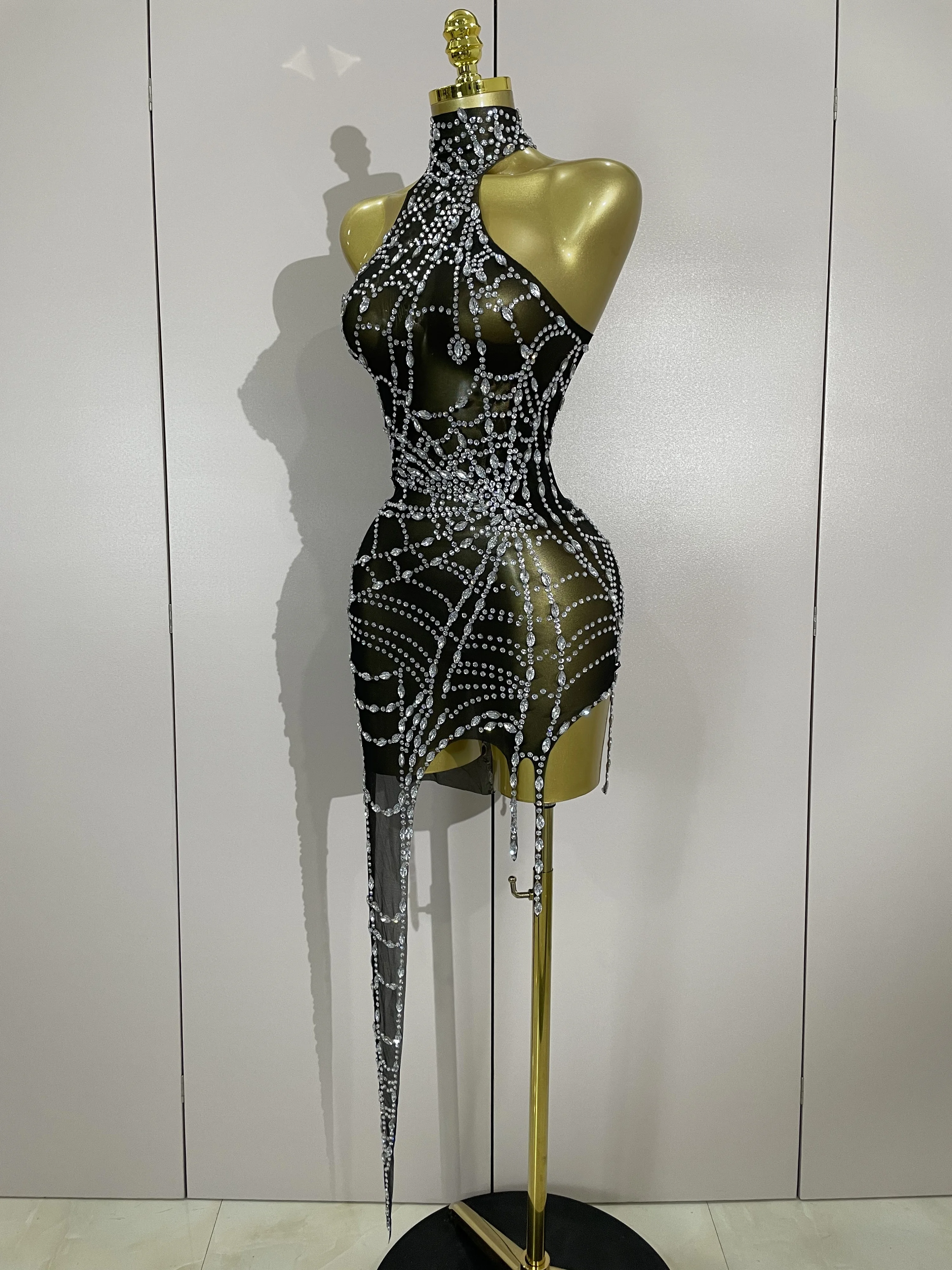 STOCK Sparkly Diamond Sexy Mesh Asymmetric Bodycon Mini Dress Women Nightclub Bar Party Show Gogo Dancer Clothing Stage Costume