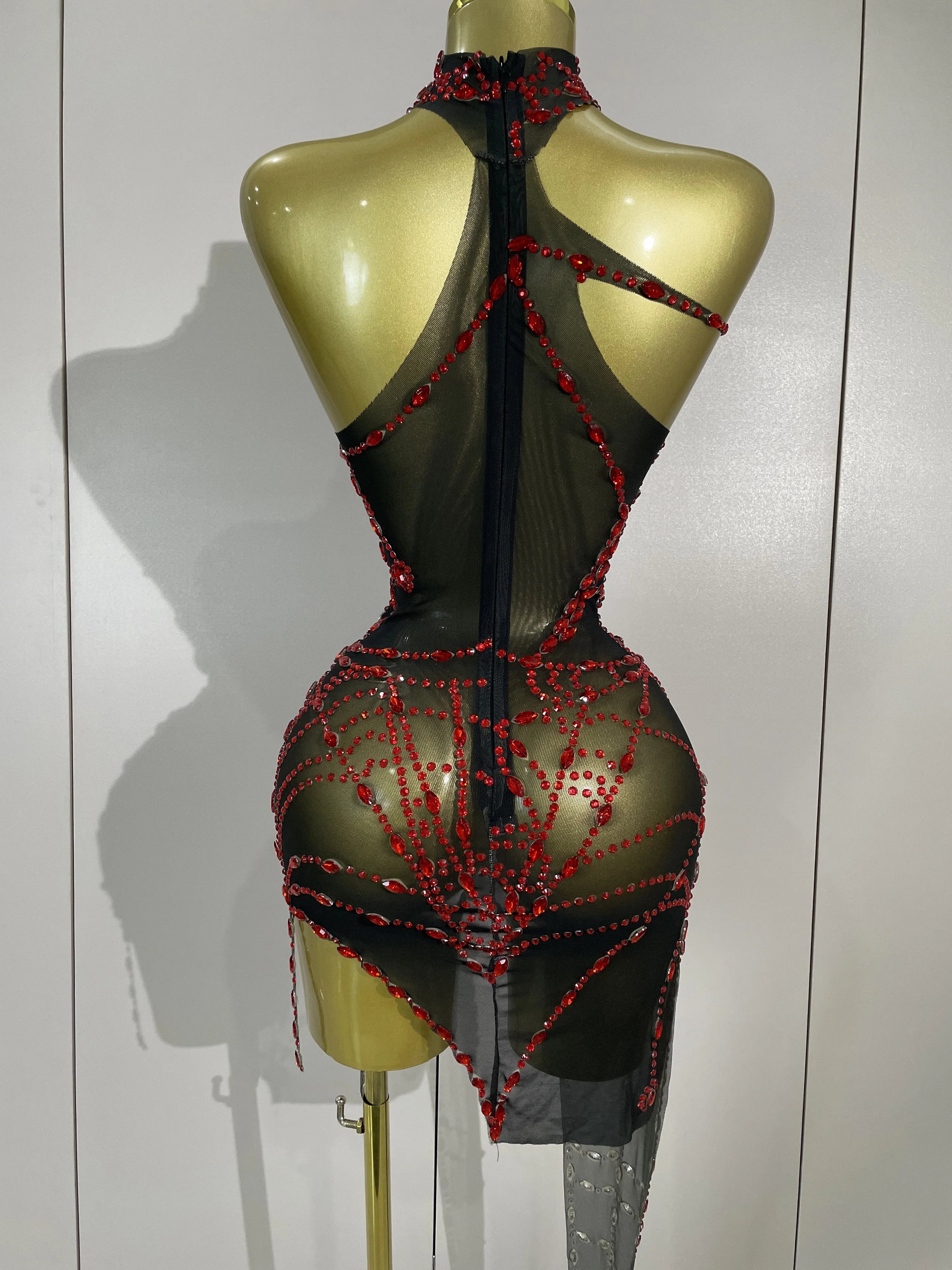 STOCK Sparkly Diamond Sexy Mesh Asymmetric Bodycon Mini Dress Women Nightclub Bar Party Show Gogo Dancer Clothing Stage Costume