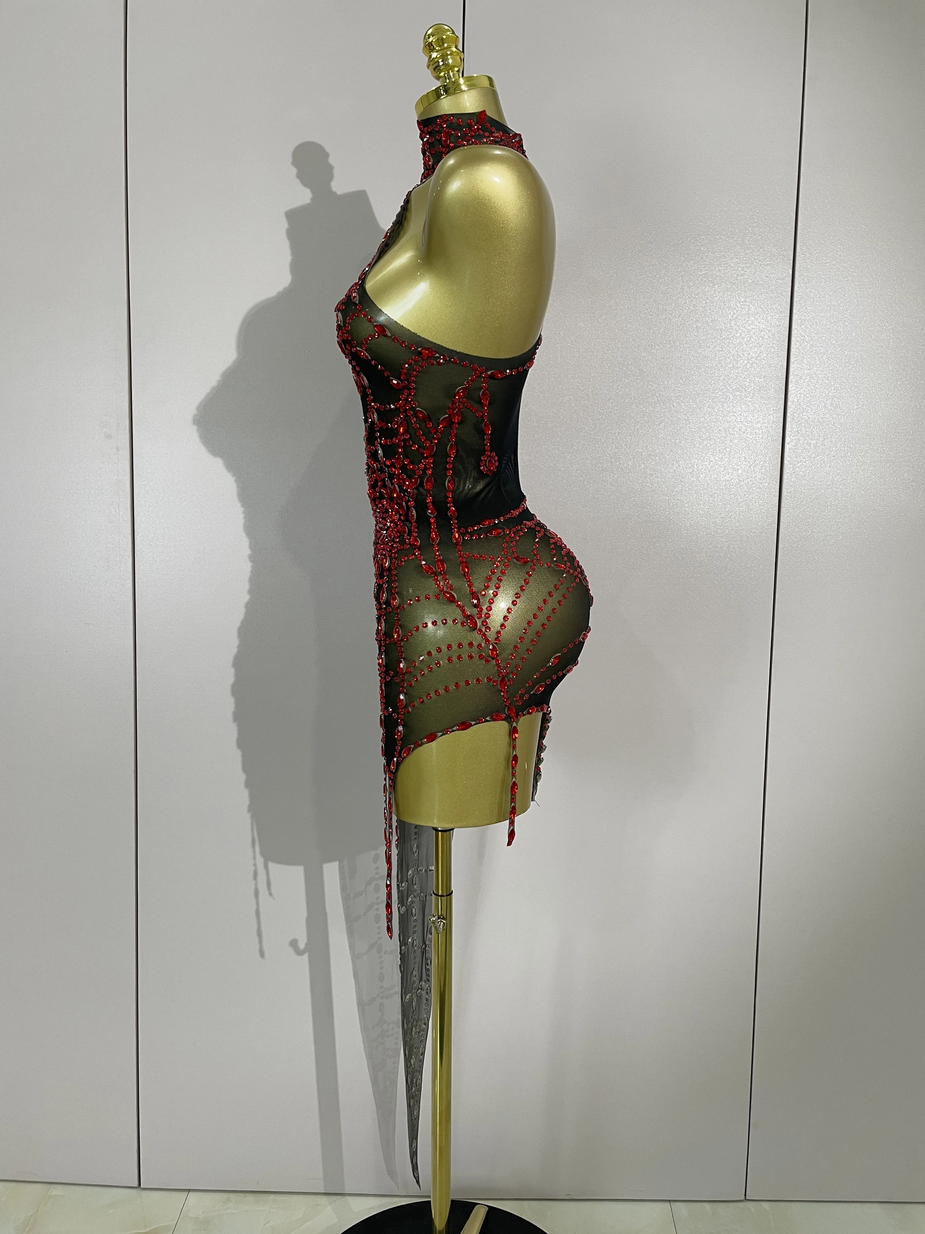 STOCK Sparkly Diamond Sexy Mesh Asymmetric Bodycon Mini Dress Women Nightclub Bar Party Show Gogo Dancer Clothing Stage Costume