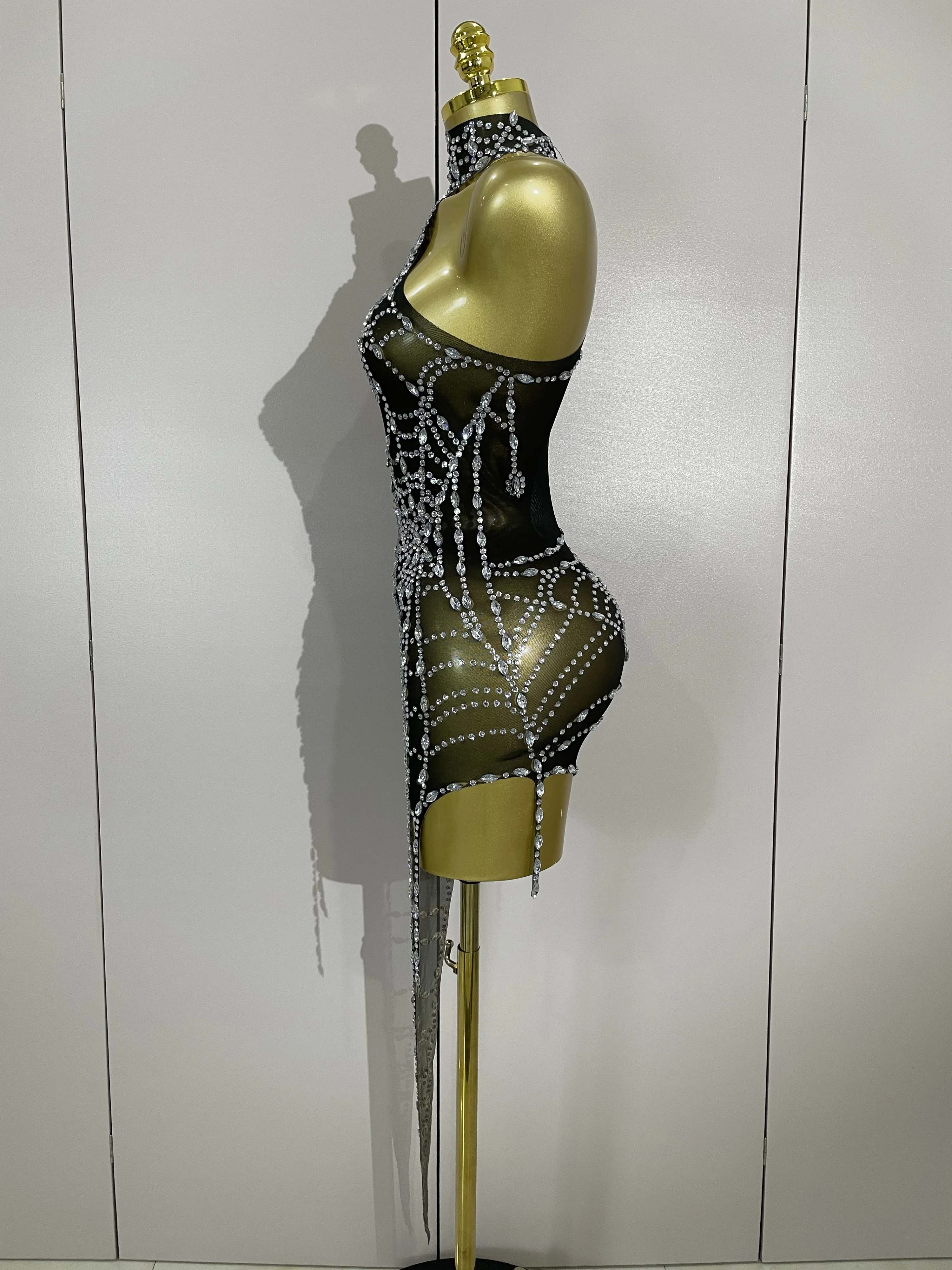 STOCK Sparkly Diamond Sexy Mesh Asymmetric Bodycon Mini Dress Women Nightclub Bar Party Show Gogo Dancer Clothing Stage Costume