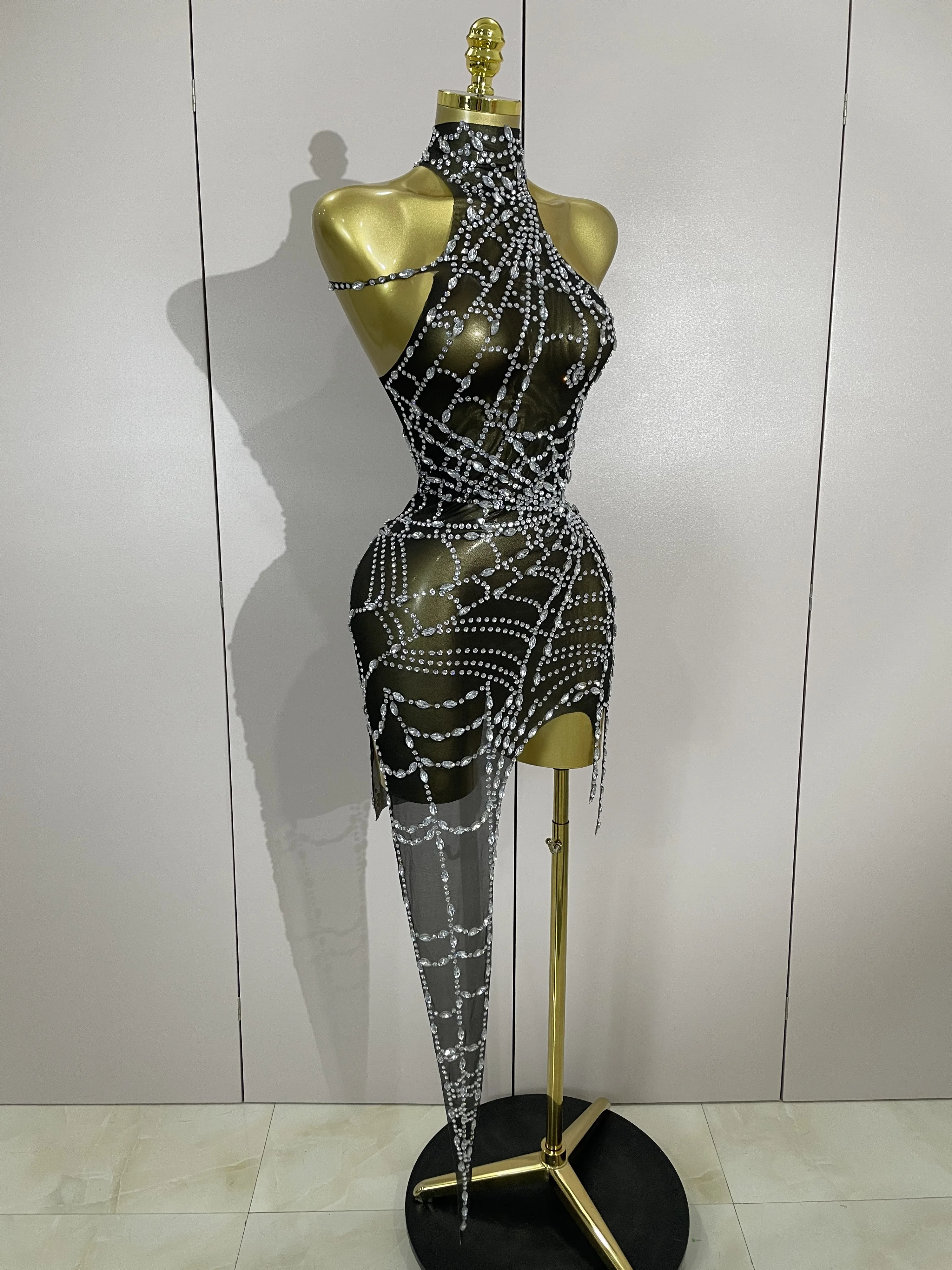 STOCK Sparkly Diamond Sexy Mesh Asymmetric Bodycon Mini Dress Women Nightclub Bar Party Show Gogo Dancer Clothing Stage Costume