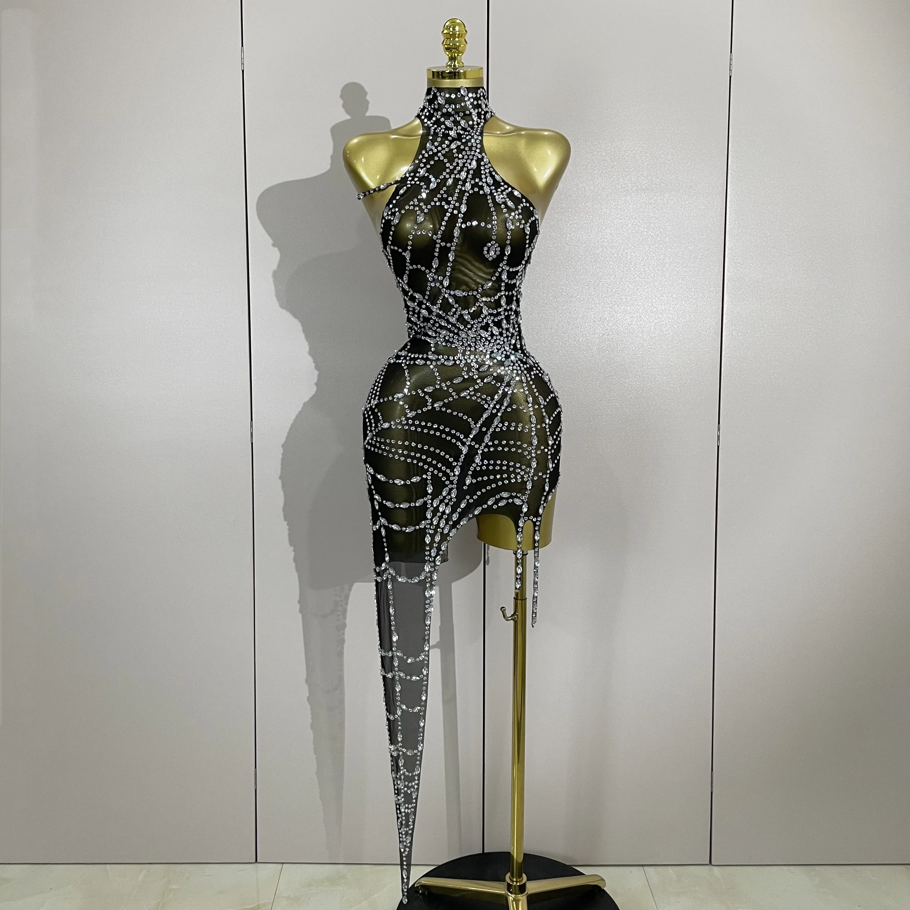STOCK Sparkly Diamond Sexy Mesh Asymmetric Bodycon Mini Dress Women Nightclub Bar Party Show Gogo Dancer Clothing Stage Costume