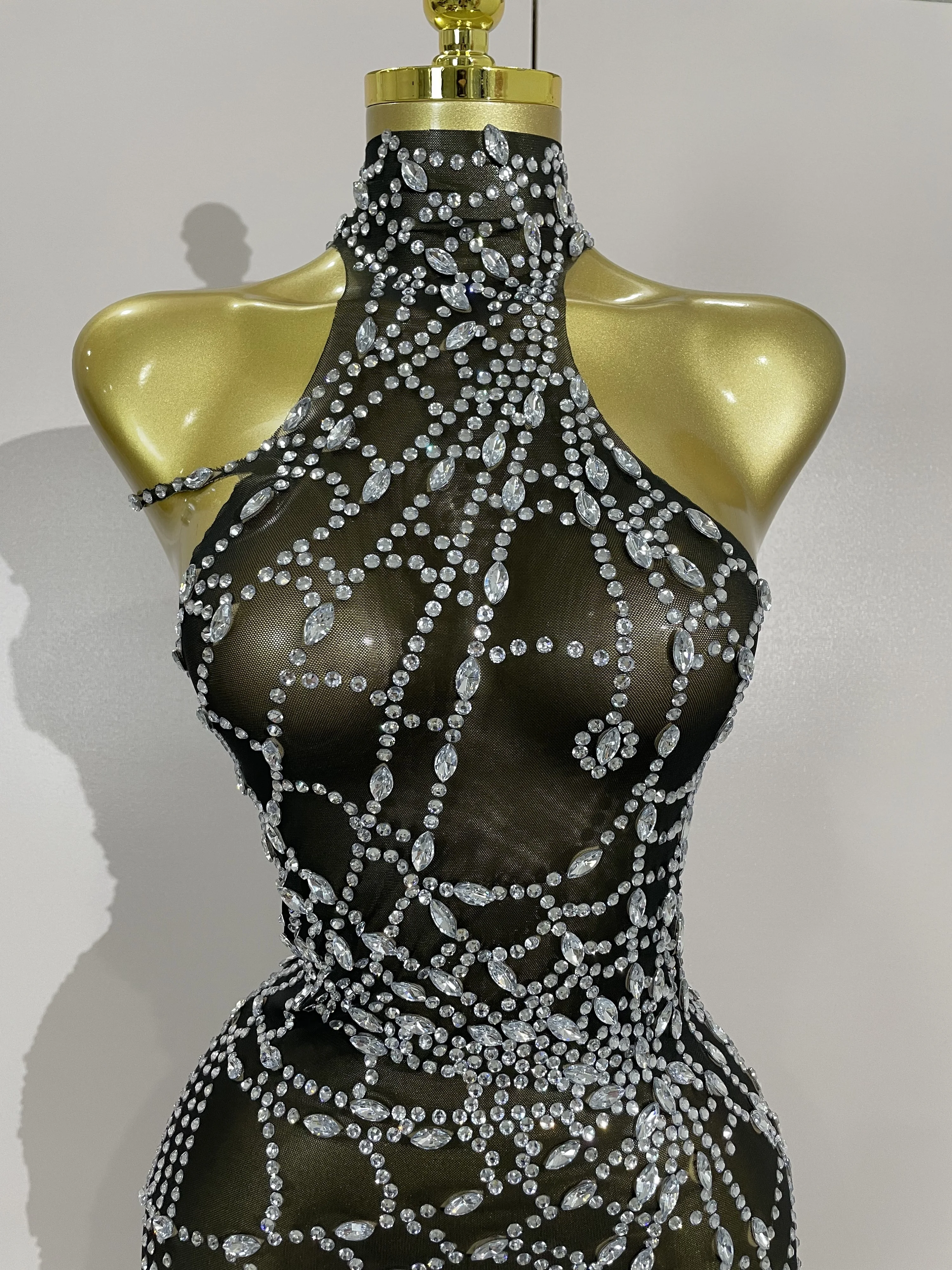 STOCK Sparkly Diamond Sexy Mesh Asymmetric Bodycon Mini Dress Women Nightclub Bar Party Show Gogo Dancer Clothing Stage Costume
