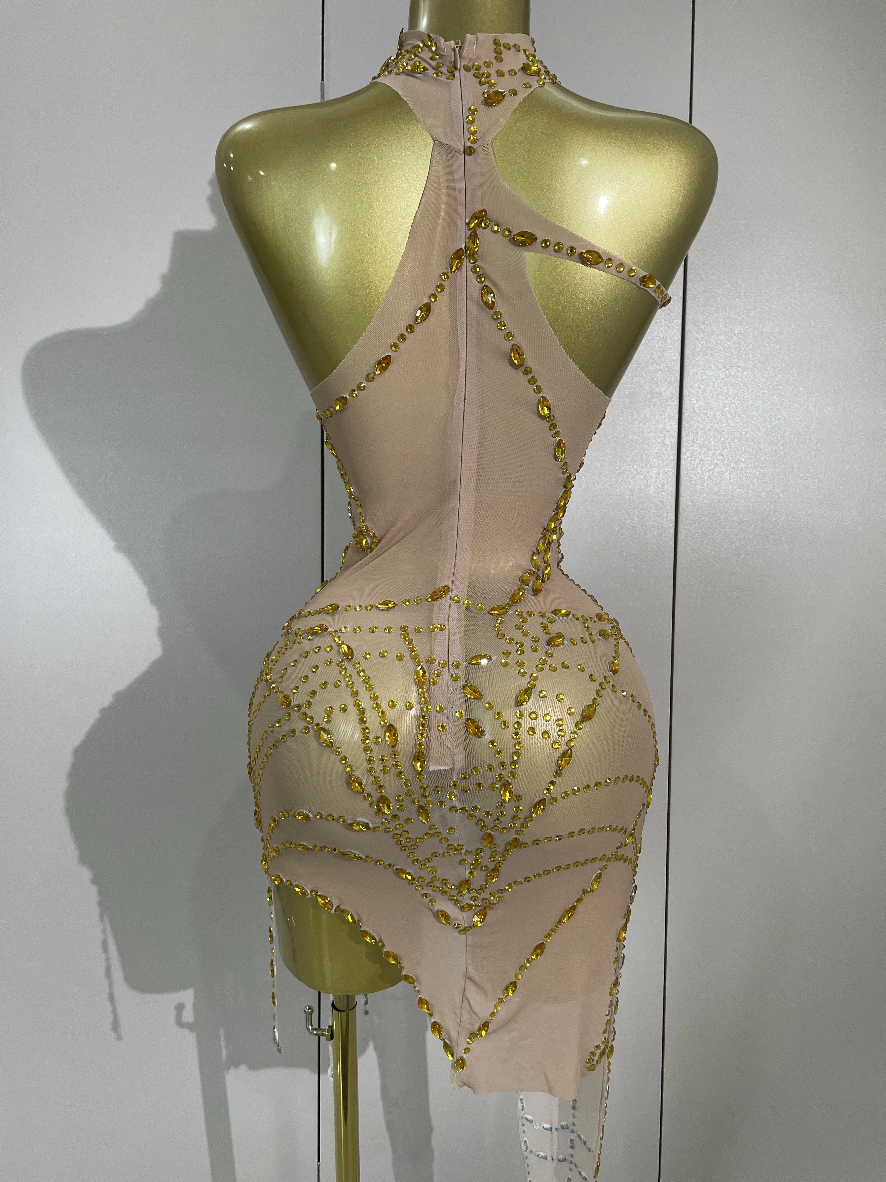 STOCK Sparkly Diamond Sexy Mesh Asymmetric Bodycon Mini Dress Women Nightclub Bar Party Show Gogo Dancer Clothing Stage Costume