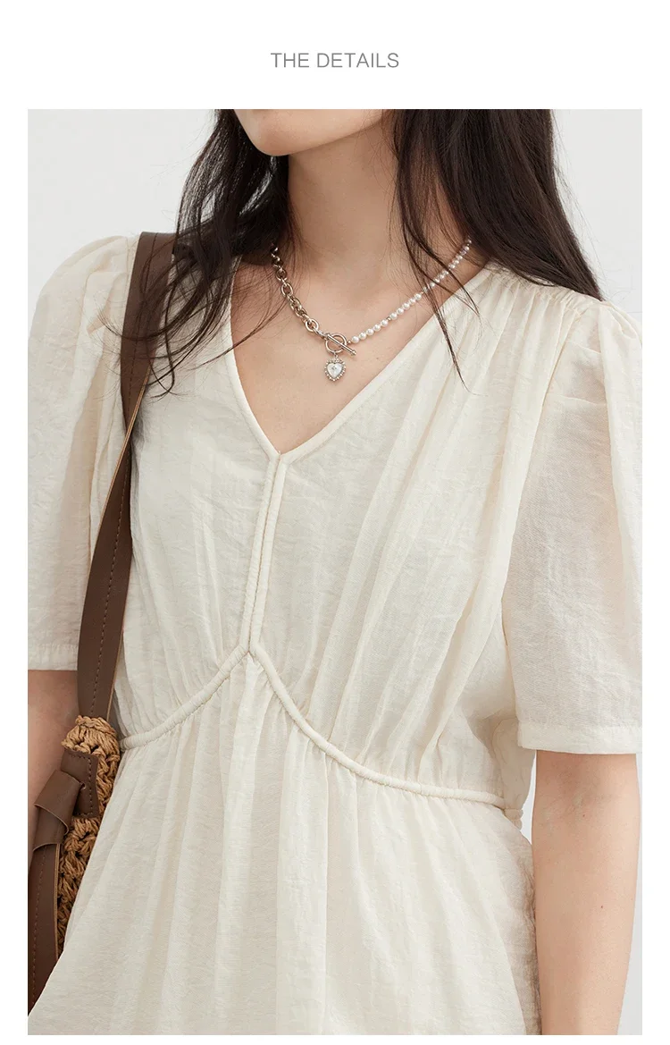 CHIC VEN Fashion Women Dresses Vintage V-neck Puff Sleeve Long Dress Solid White Loose Female Clothing Summer New 2026