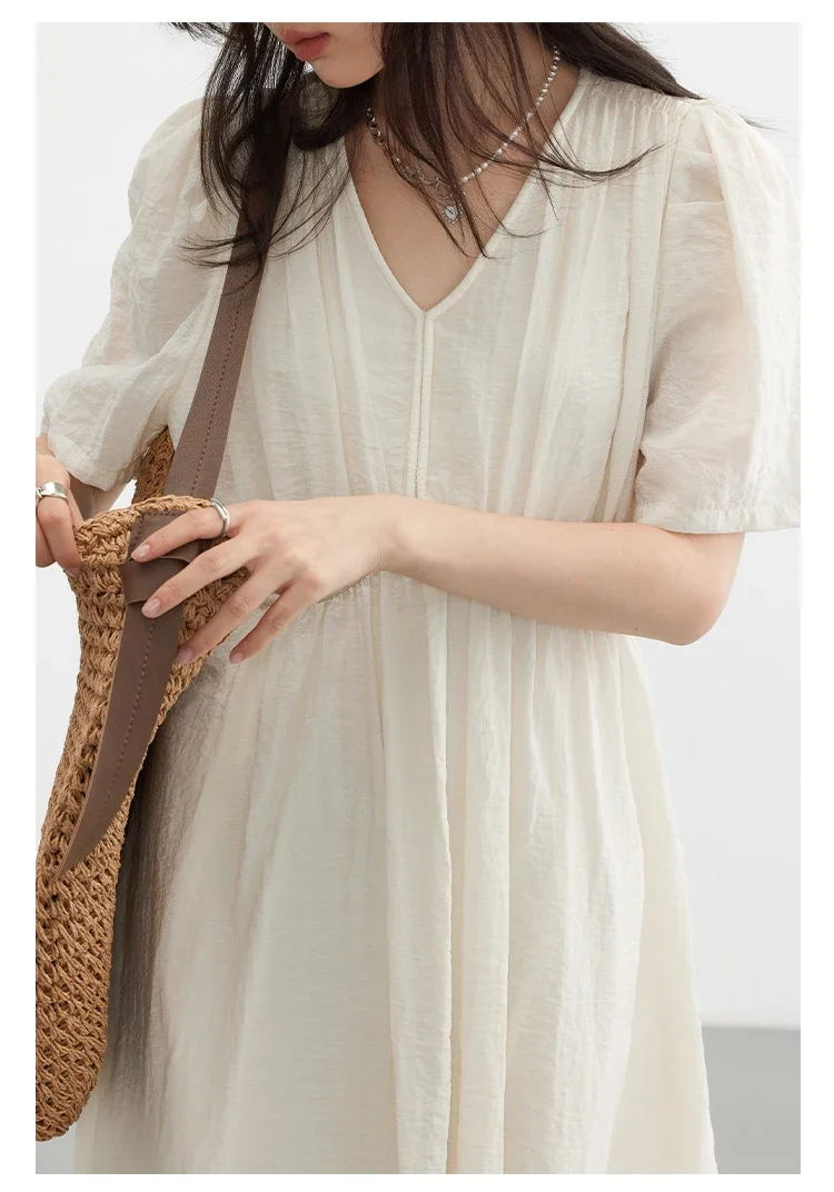 CHIC VEN Fashion Women Dresses Vintage V-neck Puff Sleeve Long Dress Solid White Loose Female Clothing Summer New 2026