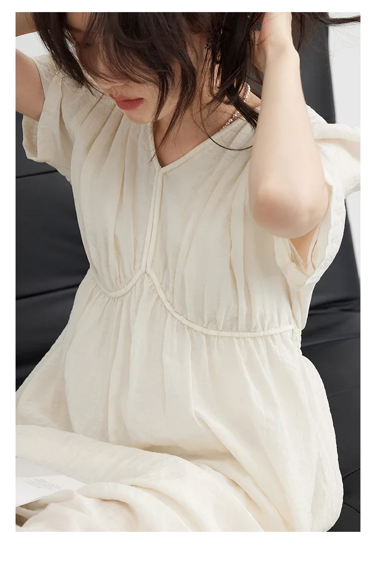 CHIC VEN Fashion Women Dresses Vintage V-neck Puff Sleeve Long Dress Solid White Loose Female Clothing Summer New 2026