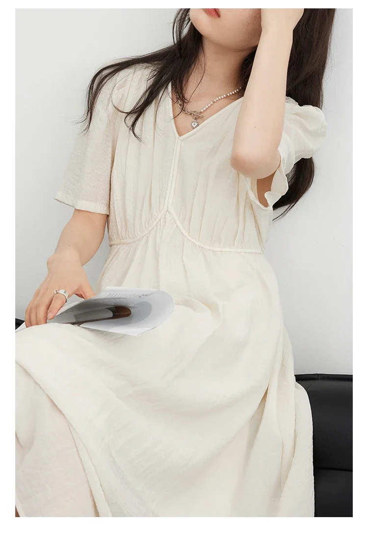 CHIC VEN Fashion Women Dresses Vintage V-neck Puff Sleeve Long Dress Solid White Loose Female Clothing Summer New 2026