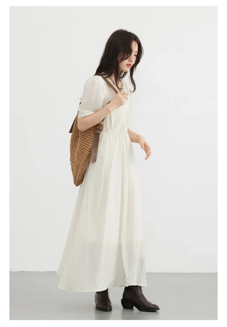 CHIC VEN Fashion Women Dresses Vintage V-neck Puff Sleeve Long Dress Solid White Loose Female Clothing Summer New 2026