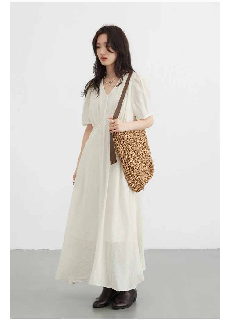 CHIC VEN Fashion Women Dresses Vintage V-neck Puff Sleeve Long Dress Solid White Loose Female Clothing Summer New 2026