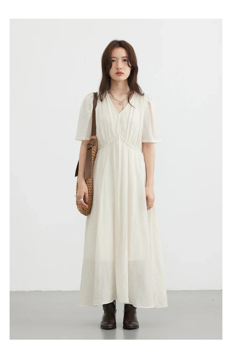 CHIC VEN Fashion Women Dresses Vintage V-neck Puff Sleeve Long Dress Solid White Loose Female Clothing Summer New 2026