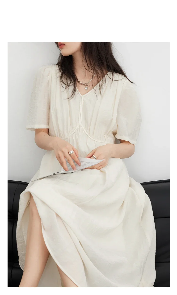 CHIC VEN Fashion Women Dresses Vintage V-neck Puff Sleeve Long Dress Solid White Loose Female Clothing Summer New 2026