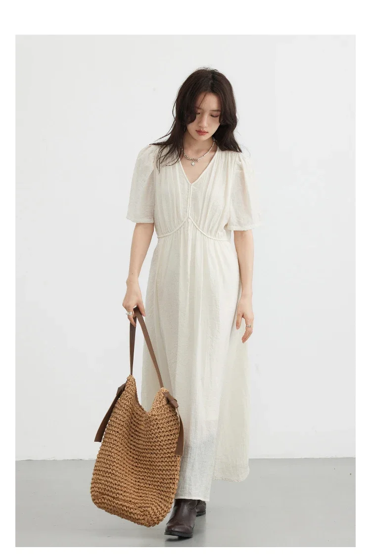 CHIC VEN Fashion Women Dresses Vintage V-neck Puff Sleeve Long Dress Solid White Loose Female Clothing Summer New 2026