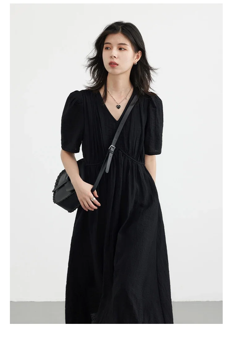CHIC VEN Fashion Women Dresses Vintage V-neck Puff Sleeve Long Dress Solid White Loose Female Clothing Summer New 2026