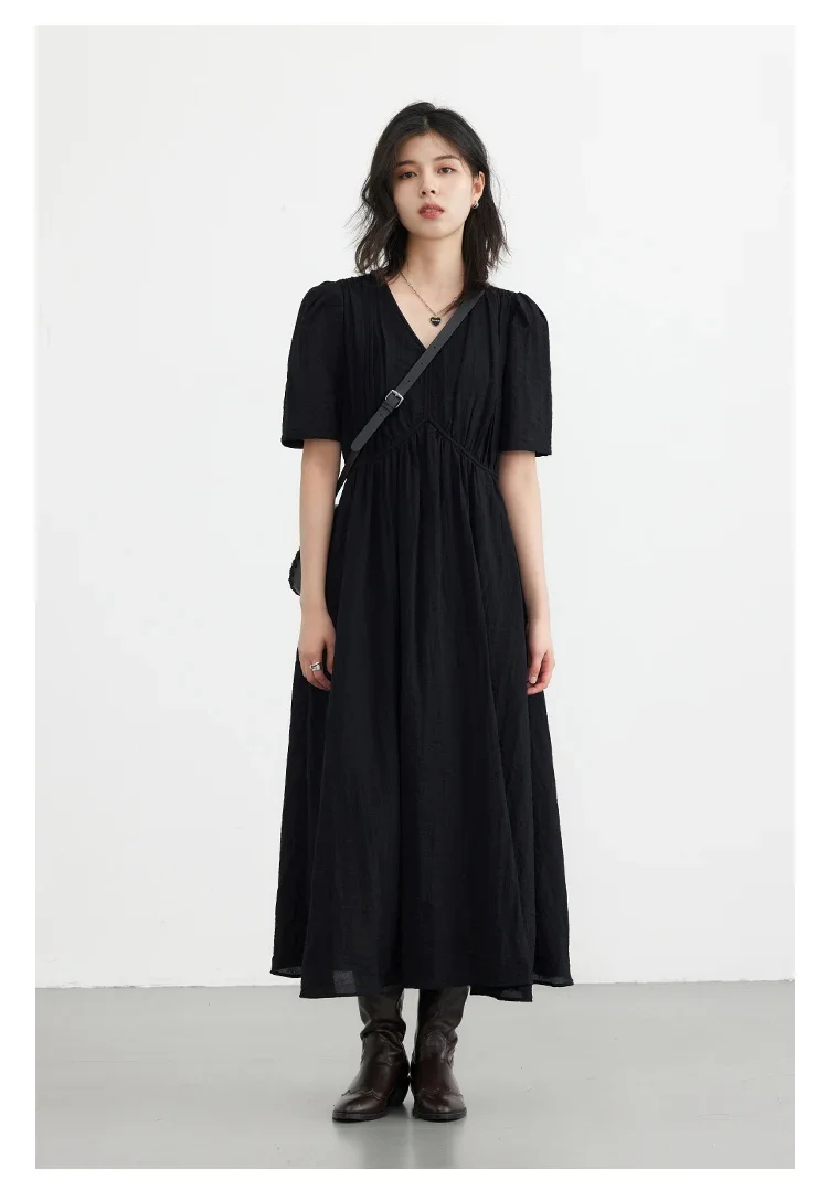 CHIC VEN Fashion Women Dresses Vintage V-neck Puff Sleeve Long Dress Solid White Loose Female Clothing Summer New 2026