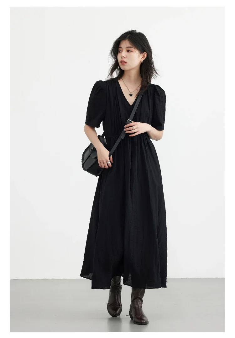 CHIC VEN Fashion Women Dresses Vintage V-neck Puff Sleeve Long Dress Solid White Loose Female Clothing Summer New 2026