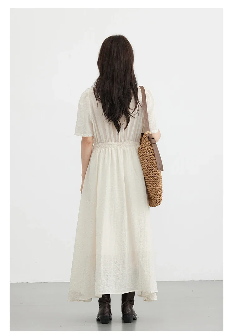CHIC VEN Fashion Women Dresses Vintage V-neck Puff Sleeve Long Dress Solid White Loose Female Clothing Summer New 2026