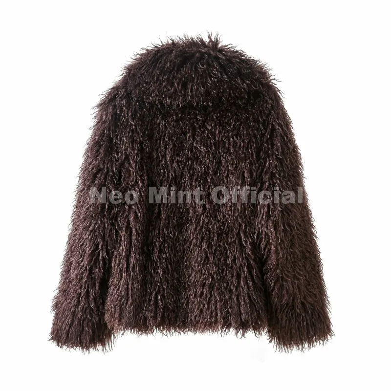 Neo Mint 2025 Winter Lulicore Fashion Brown Faux Fur Coat Women Chic Autumn Warm Fluffy Sheep Fur Jacket Big Fur Collar Overcoat