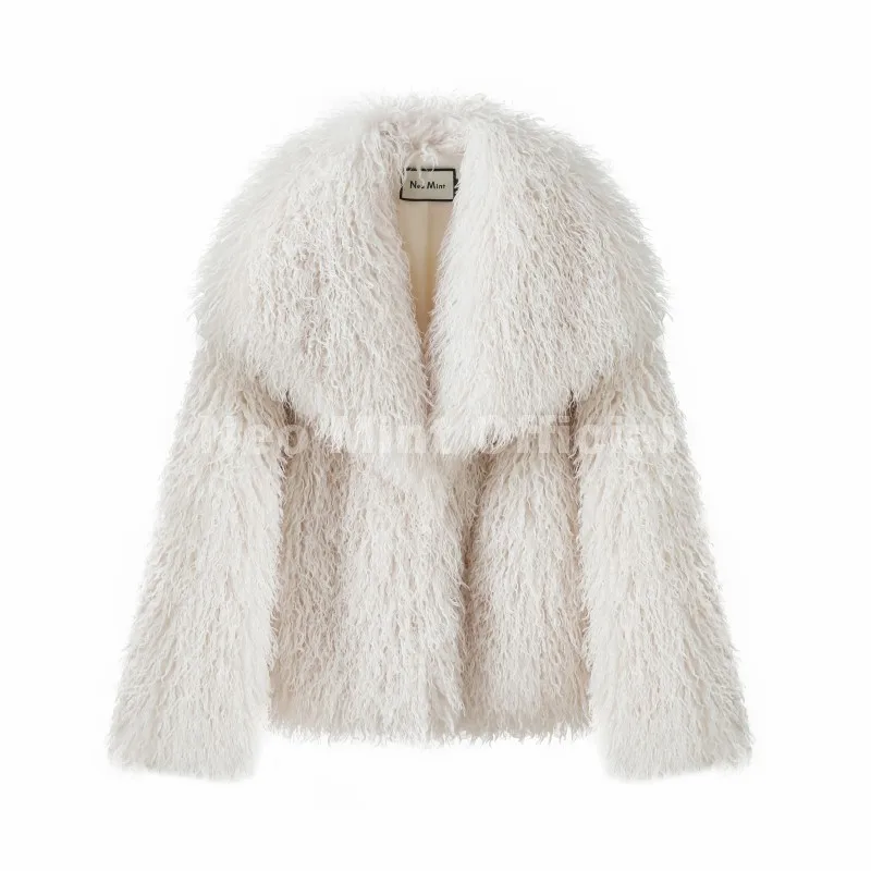 Neo Mint 2025 Winter Lulicore Fashion Brown Faux Fur Coat Women Chic Autumn Warm Fluffy Sheep Fur Jacket Big Fur Collar Overcoat
