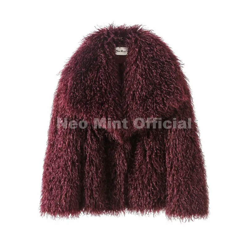 Neo Mint 2025 Winter Lulicore Fashion Brown Faux Fur Coat Women Chic Autumn Warm Fluffy Sheep Fur Jacket Big Fur Collar Overcoat