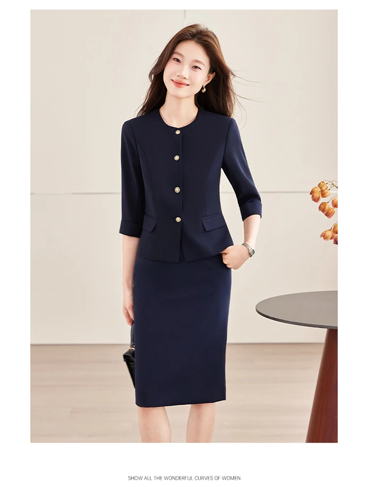 High-End Navy Blue Women's Two-Piece Suit Set Mid-Sleeve round Neck Casual Outfit for Lawyers Teachers Business Summer 2026