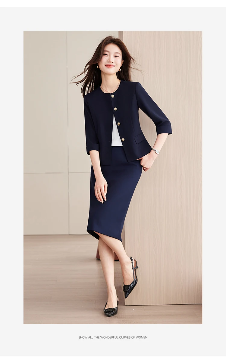 High-End Navy Blue Women's Two-Piece Suit Set Mid-Sleeve round Neck Casual Outfit for Lawyers Teachers Business Summer 2026