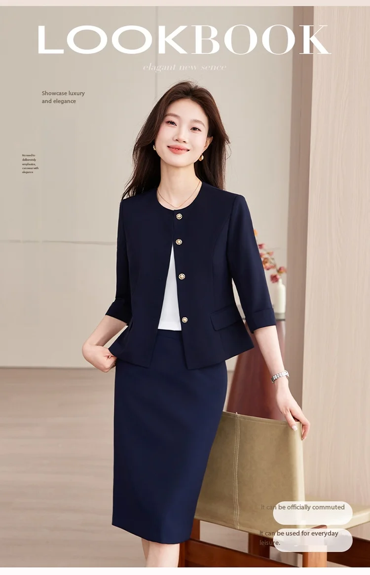 High-End Navy Blue Women's Two-Piece Suit Set Mid-Sleeve round Neck Casual Outfit for Lawyers Teachers Business Summer 2026