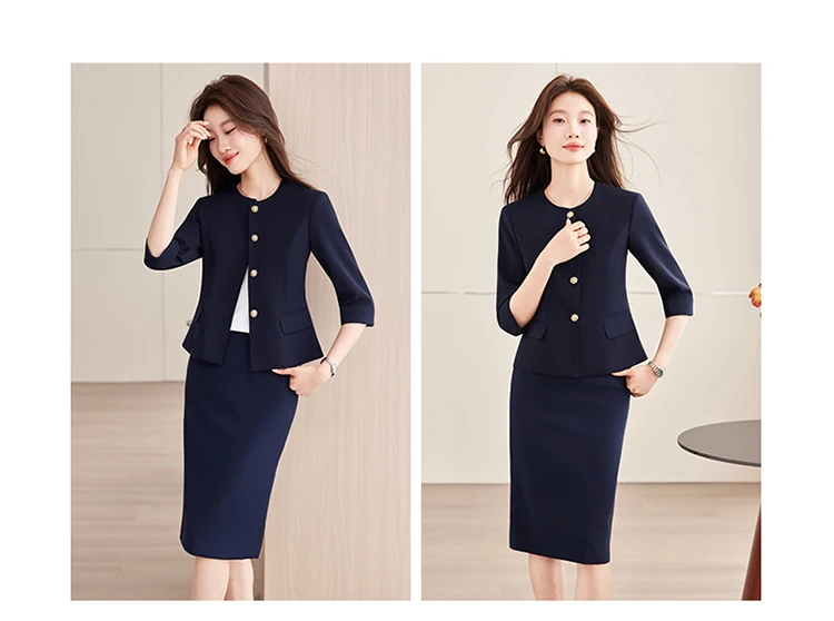 High-End Navy Blue Women's Two-Piece Suit Set Mid-Sleeve round Neck Casual Outfit for Lawyers Teachers Business Summer 2026
