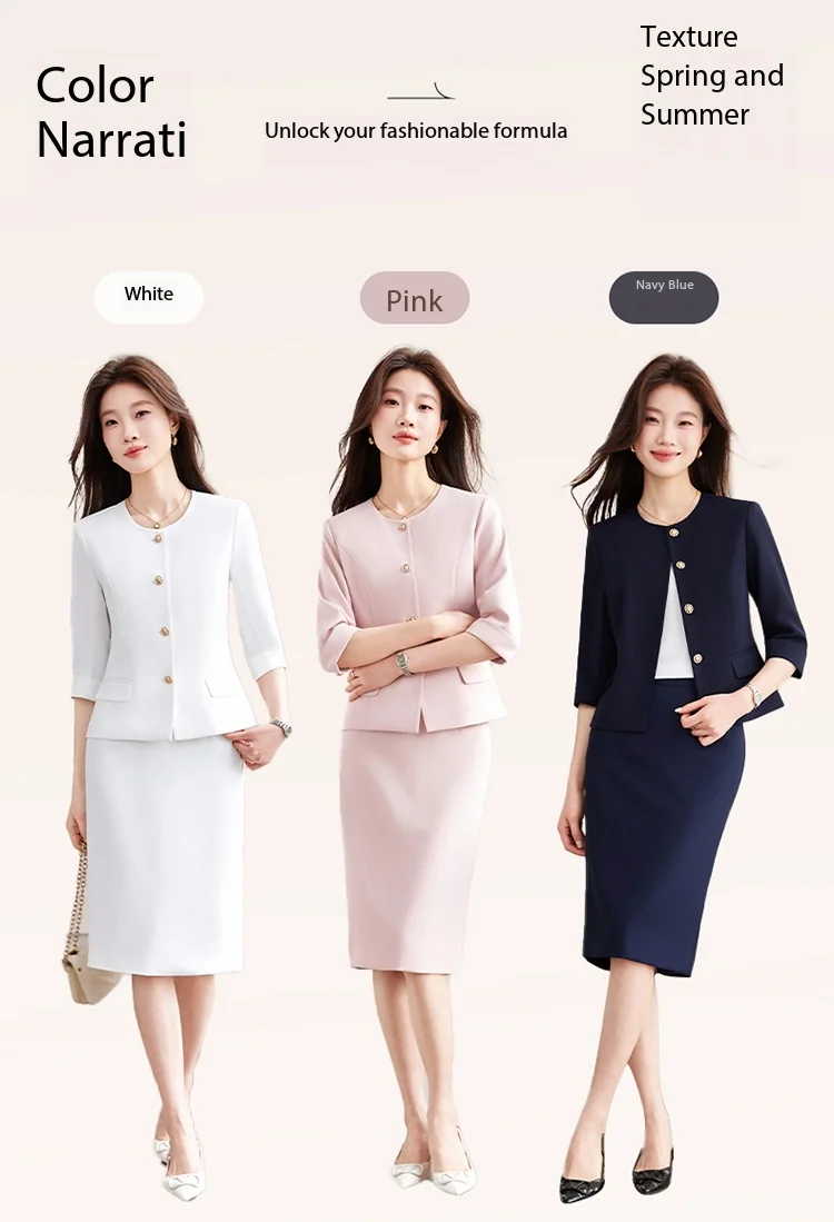 High-End Navy Blue Women's Two-Piece Suit Set Mid-Sleeve round Neck Casual Outfit for Lawyers Teachers Business Summer 2026