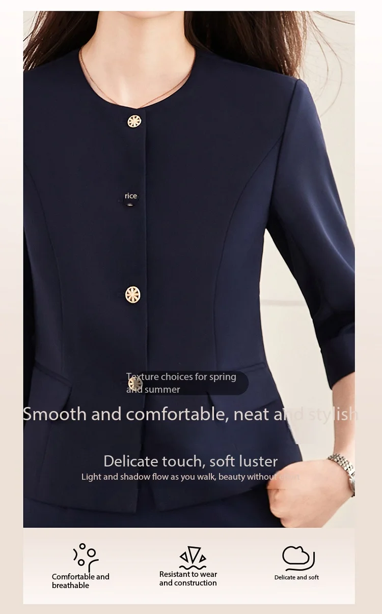 High-End Navy Blue Women's Two-Piece Suit Set Mid-Sleeve round Neck Casual Outfit for Lawyers Teachers Business Summer 2026