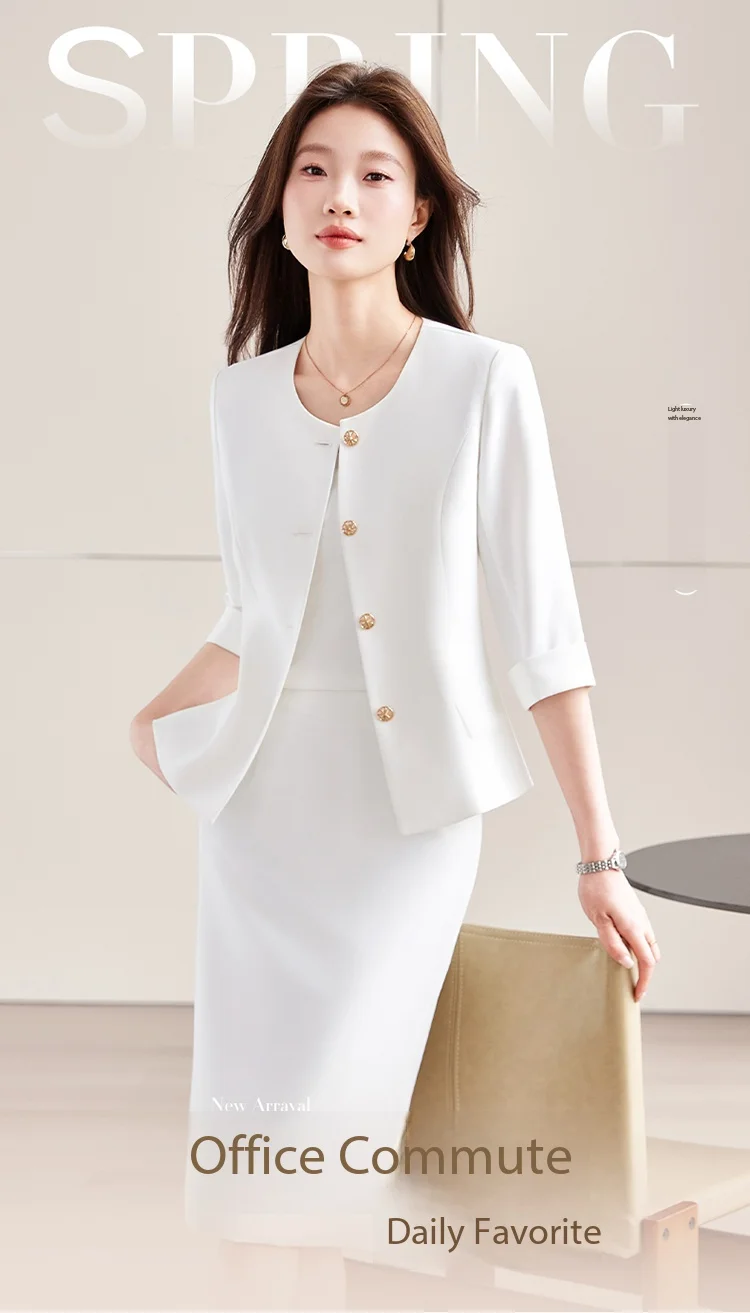 High-End Navy Blue Women's Two-Piece Suit Set Mid-Sleeve round Neck Casual Outfit for Lawyers Teachers Business Summer 2026