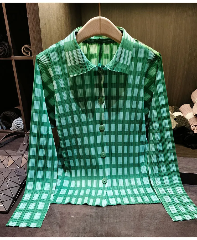 Miyake Pleated Shirt 2026 Spring Summer Plaid Top Women's Simple Loose Slim Versatile Casual Long Sleeve Single-Breasted Blouse