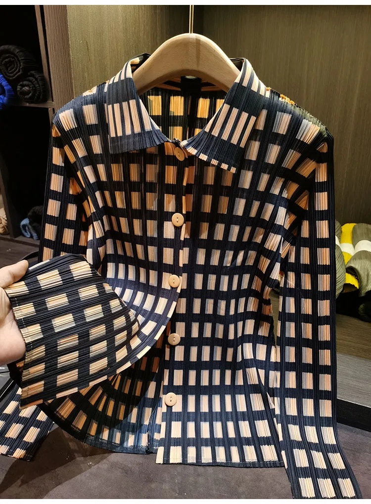 Miyake Pleated Shirt 2026 Spring Summer Plaid Top Women's Simple Loose Slim Versatile Casual Long Sleeve Single-Breasted Blouse