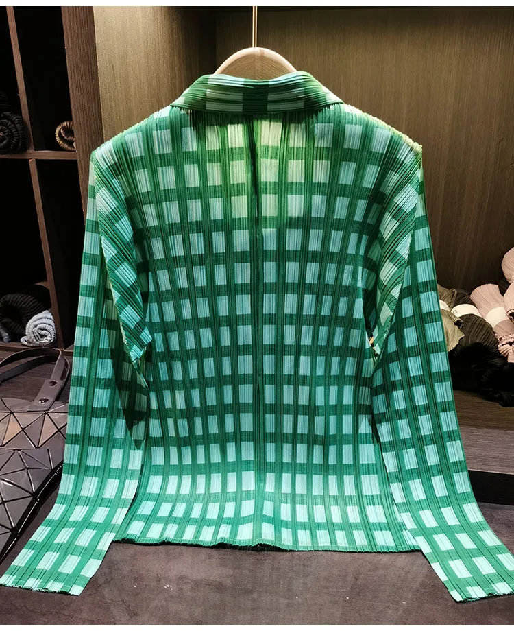 Miyake Pleated Shirt 2026 Spring Summer Plaid Top Women's Simple Loose Slim Versatile Casual Long Sleeve Single-Breasted Blouse