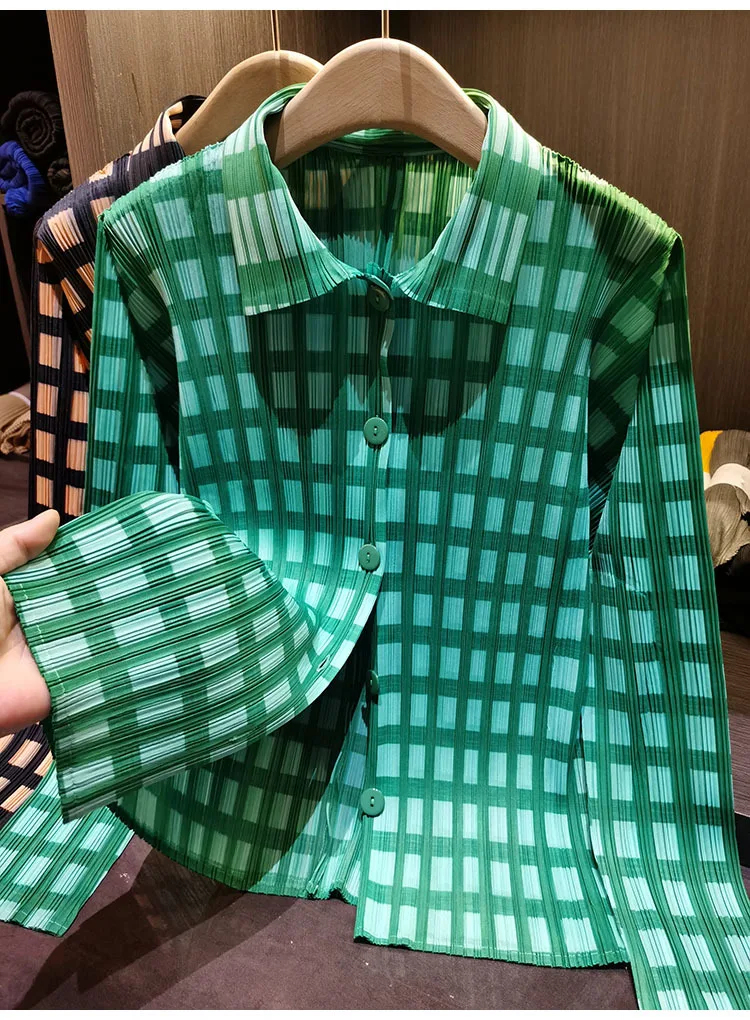 Miyake Pleated Shirt 2026 Spring Summer Plaid Top Women's Simple Loose Slim Versatile Casual Long Sleeve Single-Breasted Blouse