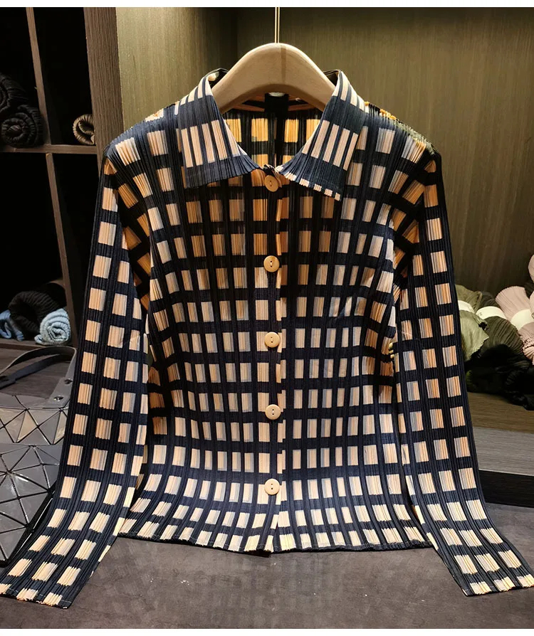 Miyake Pleated Shirt 2026 Spring Summer Plaid Top Women's Simple Loose Slim Versatile Casual Long Sleeve Single-Breasted Blouse